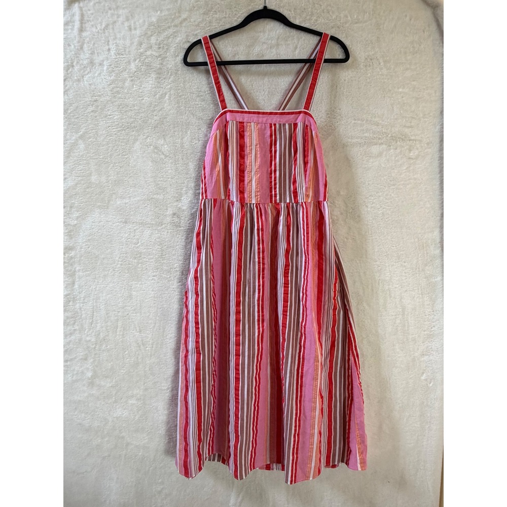 Old Navy Striped Cotton Midi Dress Womens Small Pink Red Tie Back Pocket Summer
